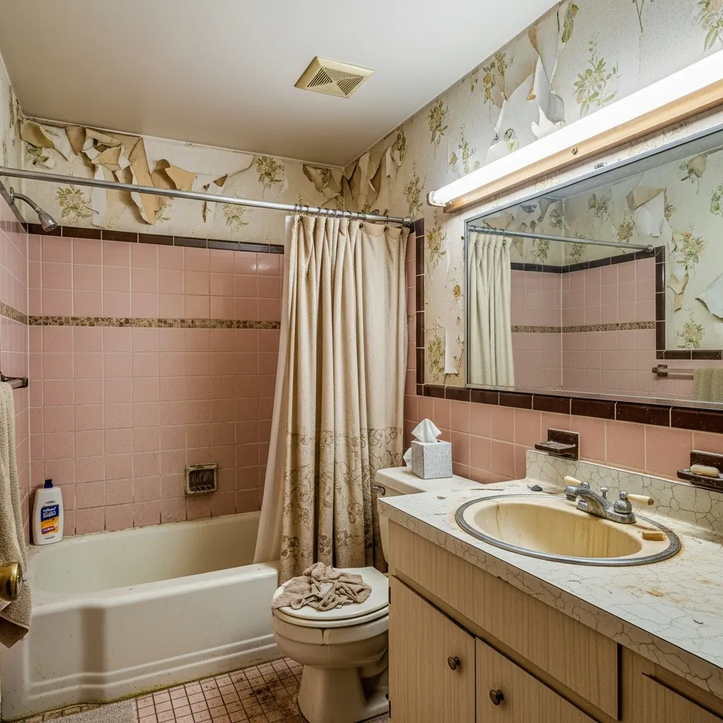 Mid-century bathroom with pink wall tile and a brown tile border, floral wallpaper, a tub with a shower curtain, a gold-toned sink in a laminate counter and a fluorescent light over the mirror