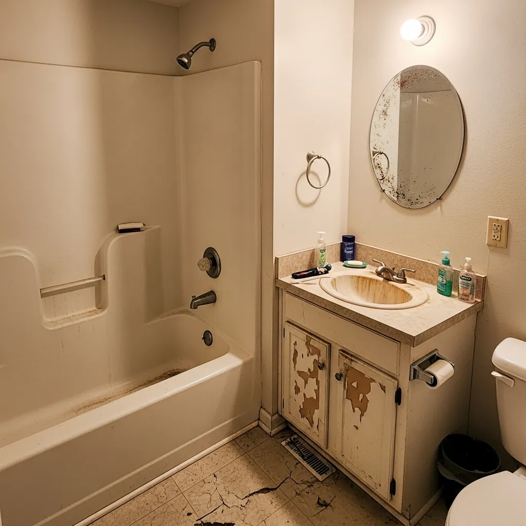 Worn bathroom with a stained fiberglass tub-shower, a peeling painted vanity with a drop-in sink, a round mirror and cracked floor tile