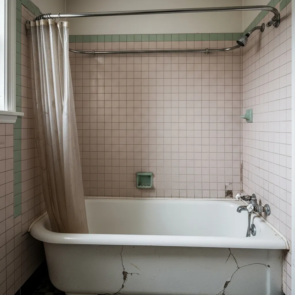 Unrenovated older bathroom with pink square wall tile, a green tile border, a cracked roll-rim tub, an exposed wall faucet and a wraparound shower curtain rod
