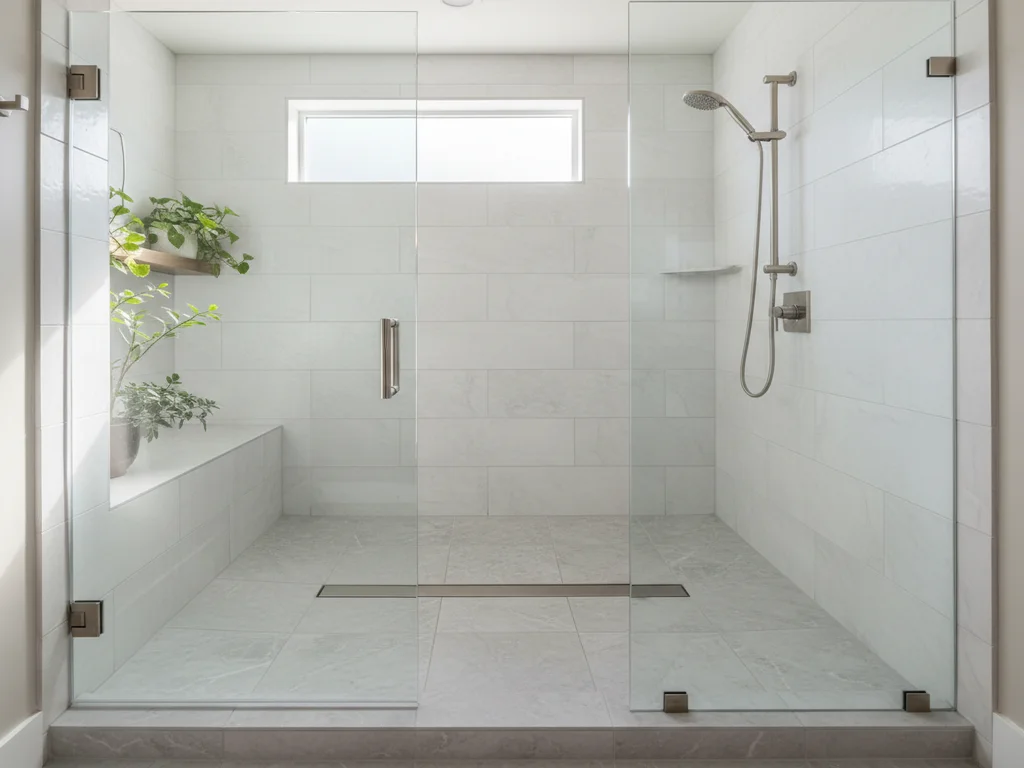 Curbless walk-in shower behind frameless glass with a long linear drain, a built-in bench, plants on a ledge and a transom window