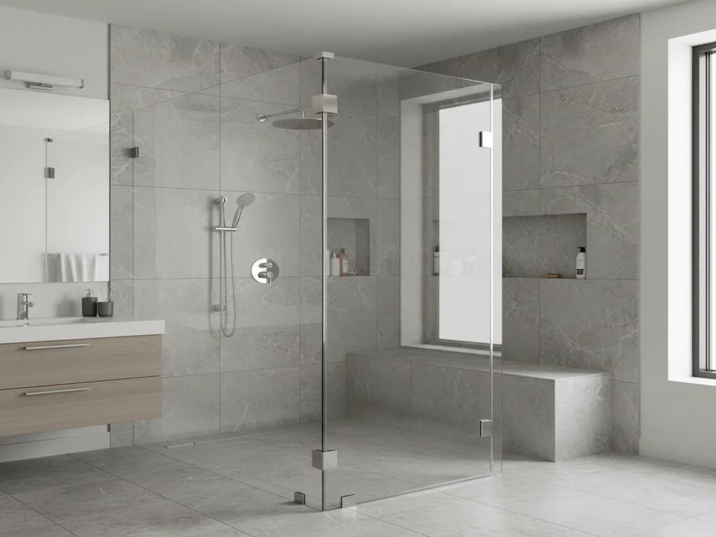 Gray large-format tile curbless shower behind frameless glass with a built-in bench, recessed niches and a floating wood vanity