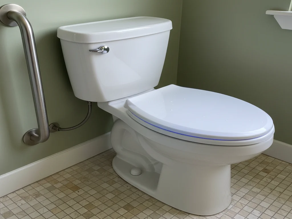 White toilet beside a brushed stainless grab bar on a sage-green wall above beige mosaic floor tile