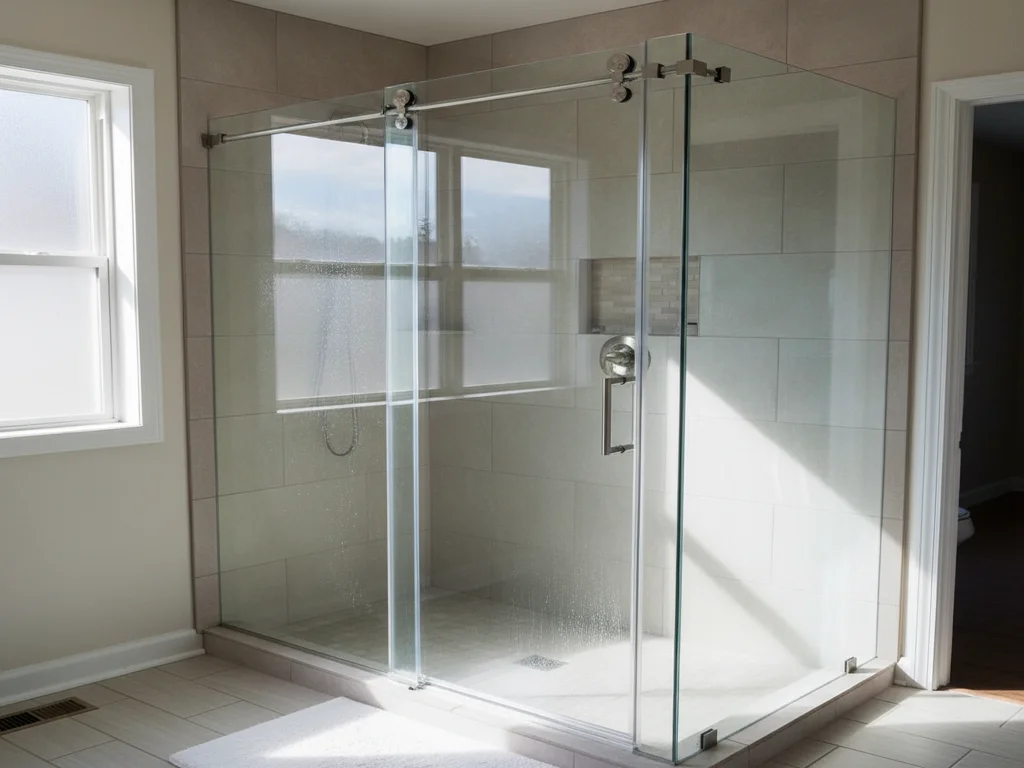 Walk-in shower with sliding clear glass doors and light tile walls next to a bright window