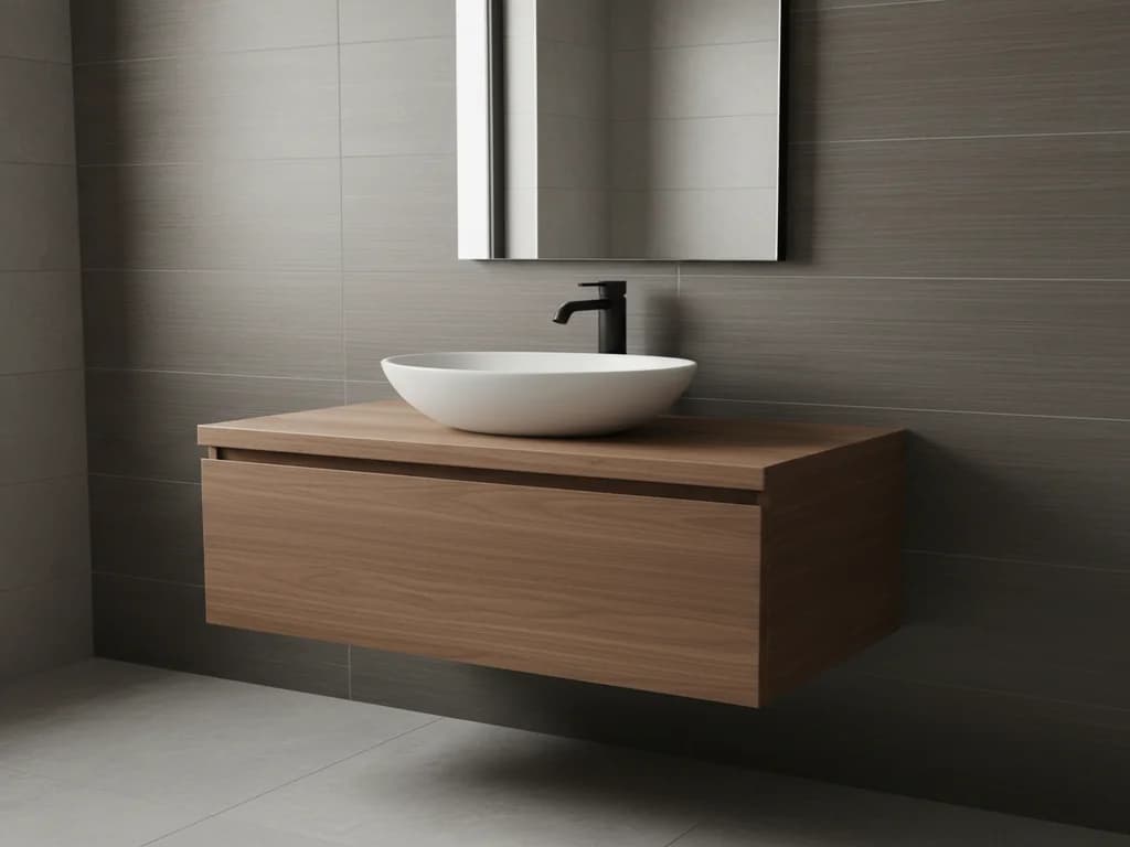 White vessel sink with a matte black faucet on a floating wood vanity against gray tile
