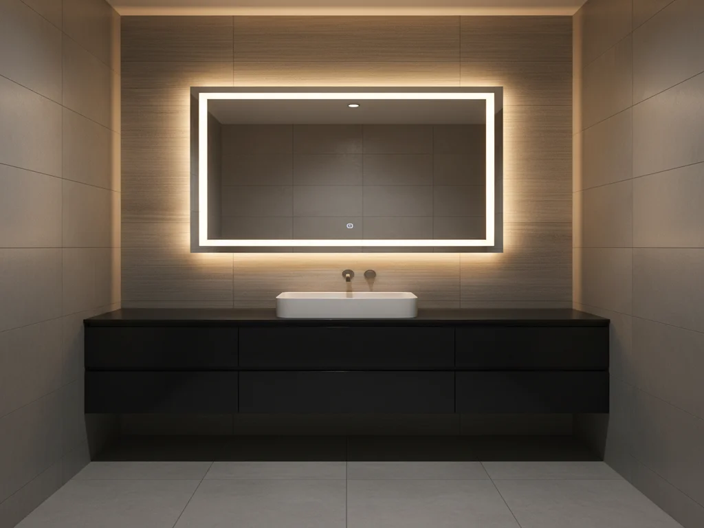 Backlit rectangular mirror above a black floating vanity with a white vessel sink