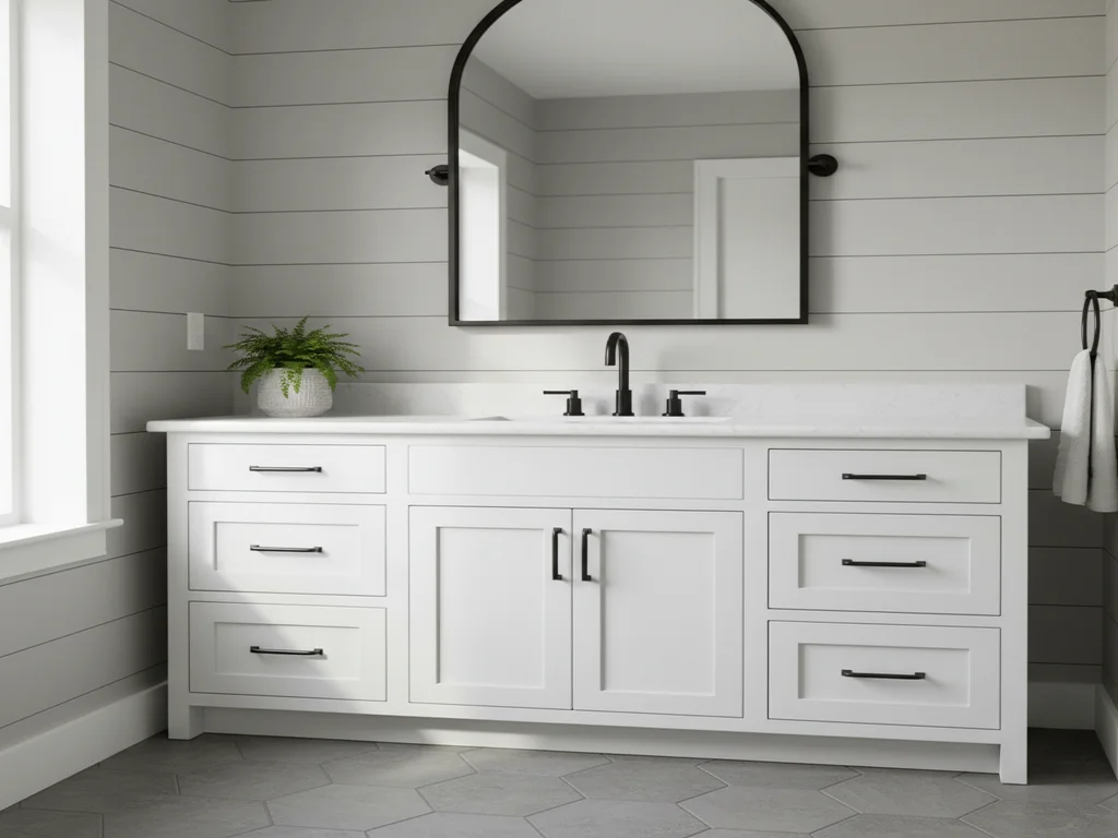 White shaker double vanity with black faucets and an arched black mirror against white shiplap walls