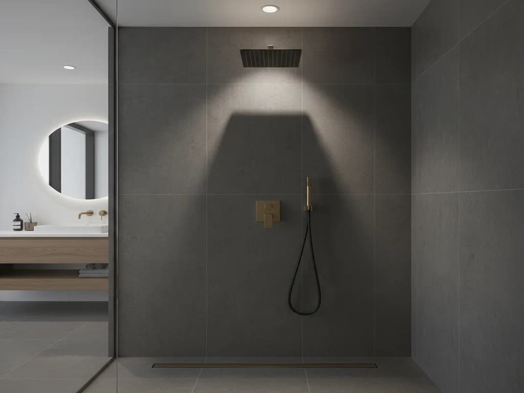 Dark gray tile walk-in shower with a ceiling rain head, brushed brass controls and a glass partition