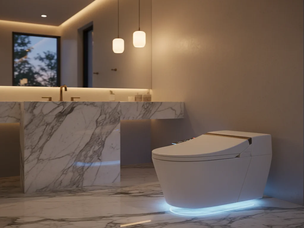 Marble waterfall vanity with a brass faucet and backlit mirror beside a smart toilet with a softly lit base in a dimly lit bathroom