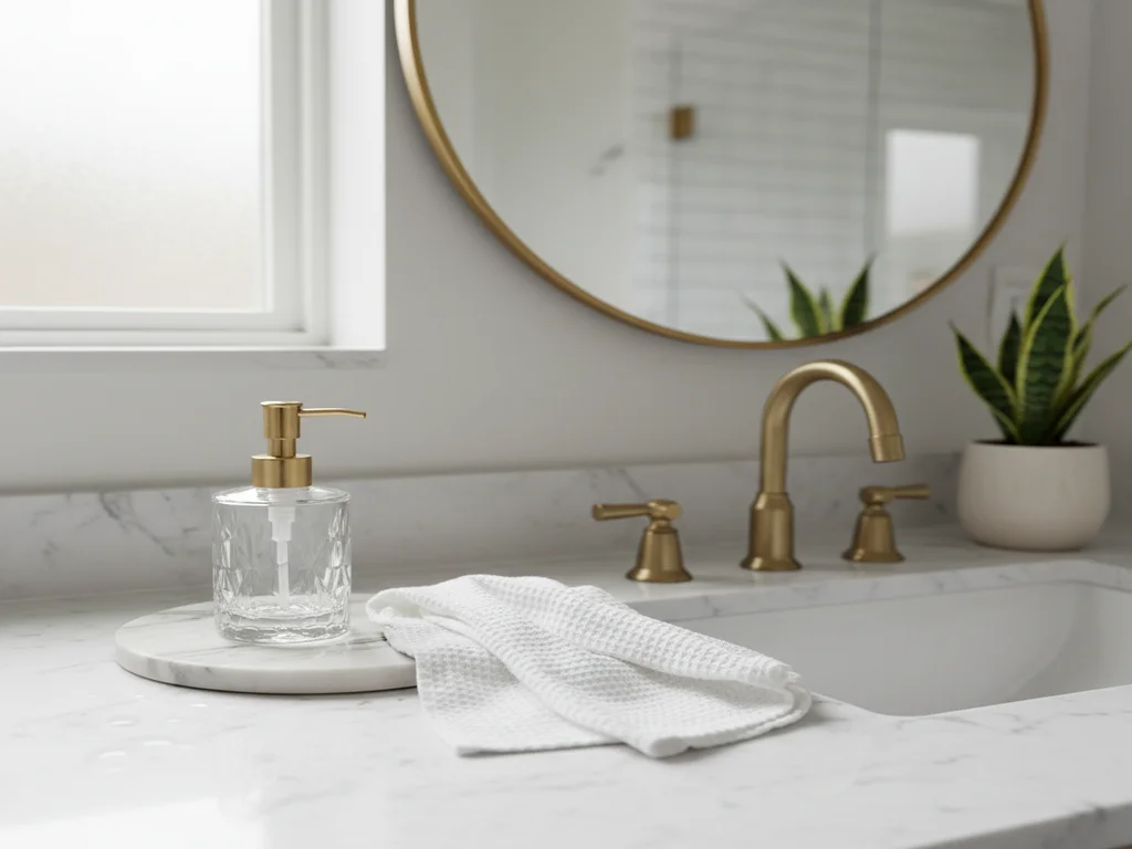 White marble vanity top with a brushed-brass faucet, a round brass-framed mirror, a glass soap dispenser and a potted snake plant