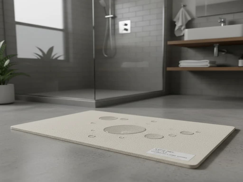 Walk-in shower with a glass panel and wall controls beside a textured non-slip bath mat on a gray tile floor