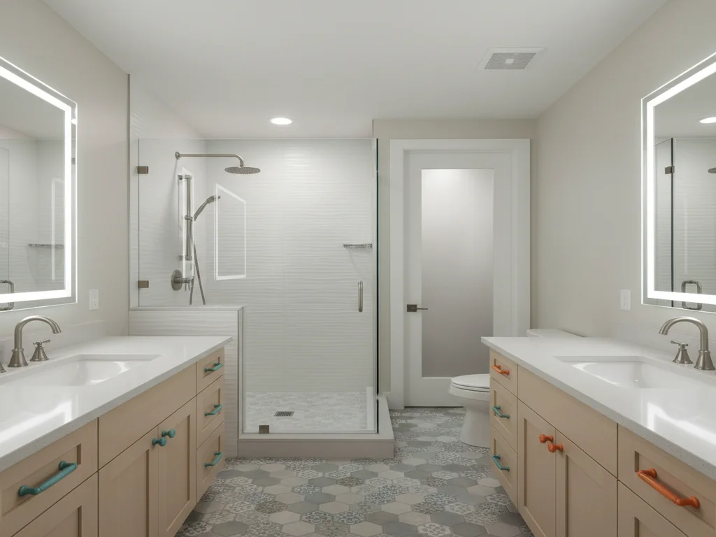 Two facing vanities with lighted mirrors and a glass walk-in shower between them over patterned floor tile