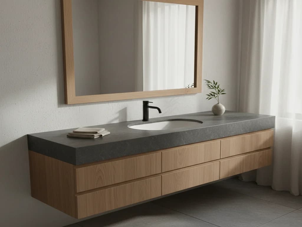 Floating light-oak vanity with a dark stone top and undermount sink below a wood-framed mirror, next to a sheer-curtained window
