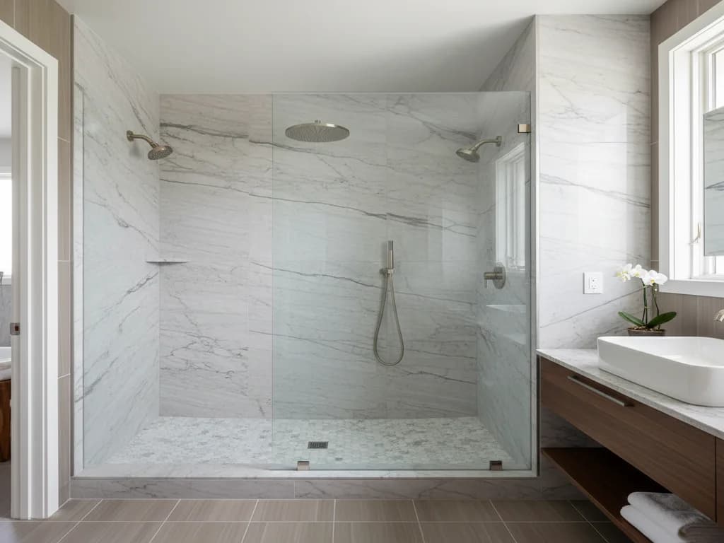 Marble-look walk-in shower with two shower heads and a hand shower behind clear glass, next to a wood vanity with a white vessel sink