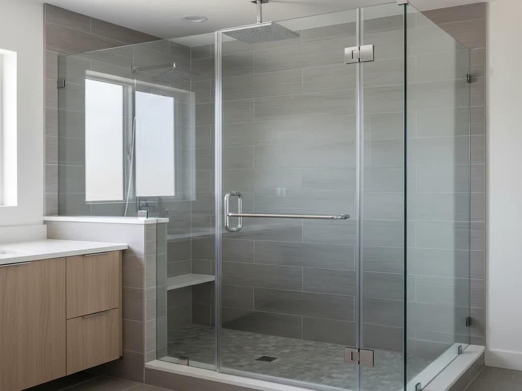 Gray tile walk-in shower behind clear glass with a built-in bench and pebble floor, beside a light wood vanity