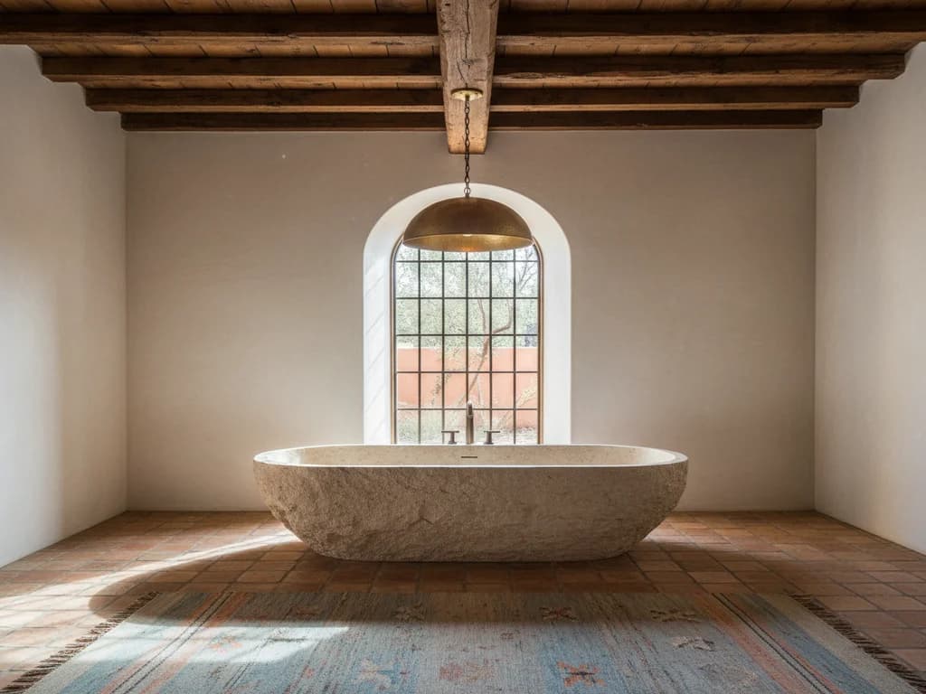 Stone soaking tub beneath an arched window with dark wood ceiling beams and a patterned rug