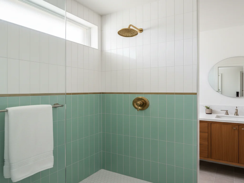 Shower with mint green lower wall tile, white upper tile and brass fixtures, next to a wood vanity and round mirror