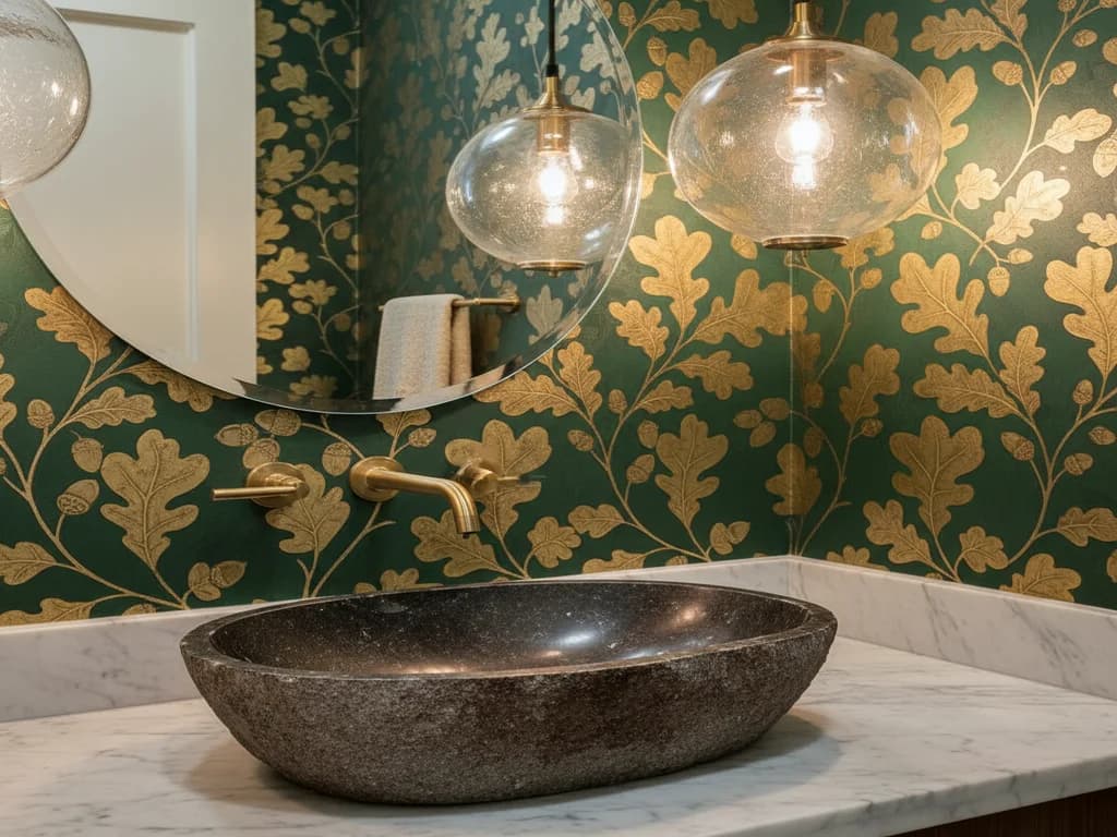 Dark stone vessel sink on a white marble counter with a wall-mounted brass faucet, gold oak-leaf wallpaper and glass globe pendants