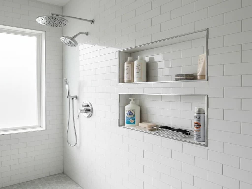 White subway-tile shower with two recessed niches holding bath products, a rain showerhead and a window