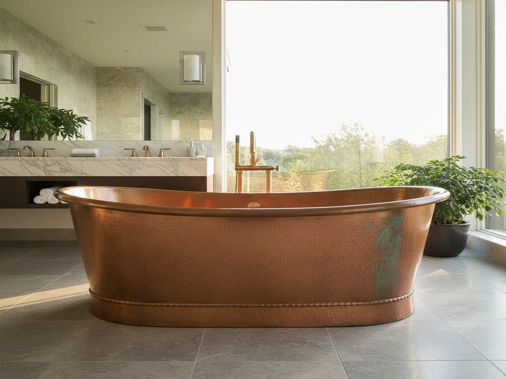 Copper soaking tub in front of a large window with a vanity and potted plants behind it