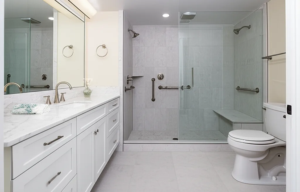 Bathroom with a white shaker vanity and marble-look top, and a glass walk-in shower with gray tile, grab bars, a built-in bench and a handheld shower