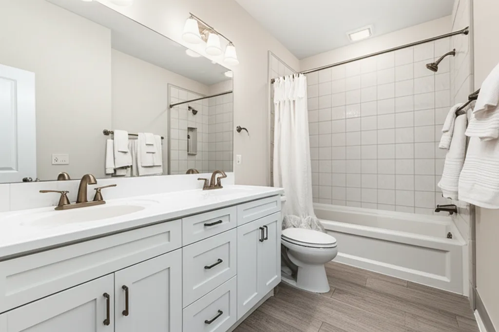Bathroom with a white shaker double vanity with bronze faucets and dark pulls, a white tiled tub-shower with a curtain and a wood-look floor