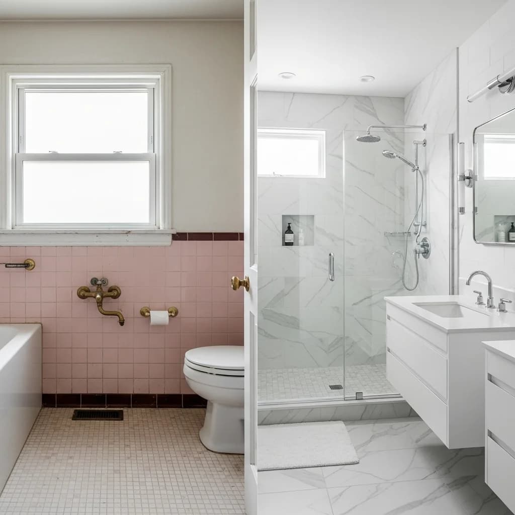 Split view of one bathroom: pink wall tile with a maroon trim band, a wall-mounted faucet and a tub on the left; white marble-look tile, a glass walk-in shower and a floating white vanity on the right