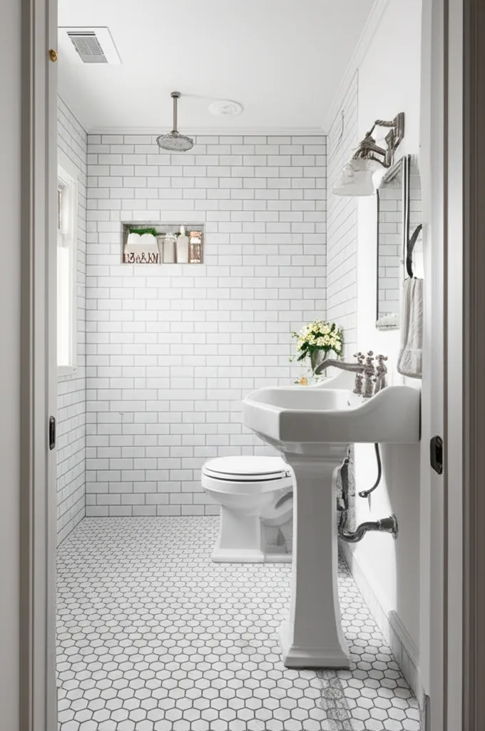 Open walk-in shower in white subway tile with a ceiling rain head and recessed niche, hexagon mosaic floor and pedestal sink