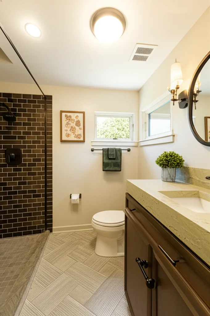 Updated bathroom with a dark brick-pattern tile shower behind a glass panel, herringbone floor and wood vanity with a stone top
