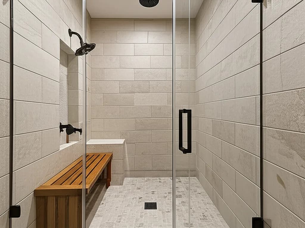 Walk-in shower with large-format stone-look tile, a teak bench, matte black fixtures and a pebble-tile floor behind frameless glass