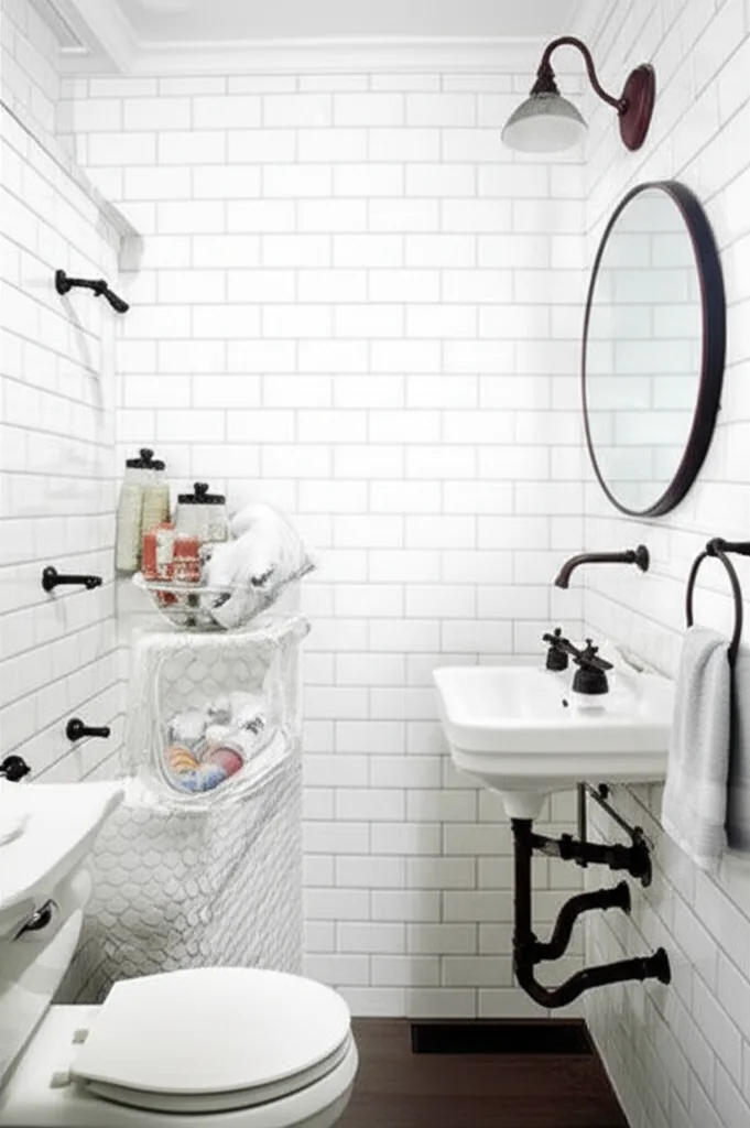Compact bathroom in white subway tile with a wall-mounted sink, exposed black drain, round mirror and gooseneck wall sconce