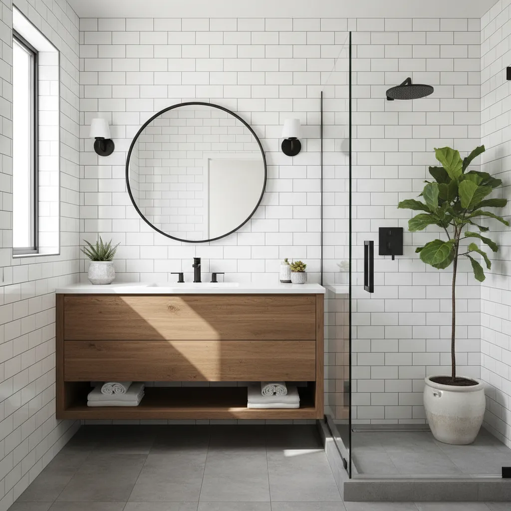 White subway-tile bathroom with a floating wood vanity, a round black mirror, a glass shower and a potted fig tree