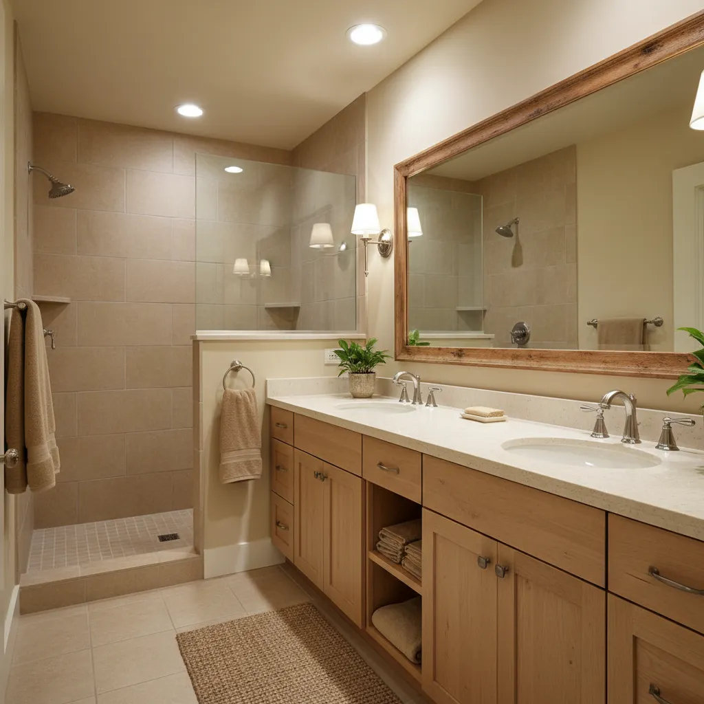 Bathroom with a glass walk-in shower in beige tile, a long wood vanity with a white top and a framed mirror