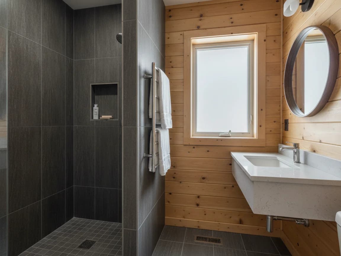 Dark tiled shower with a recessed niche beside knotty pine wall paneling, a heated towel rail, a wall-hung stone sink and a round wood-framed mirror
