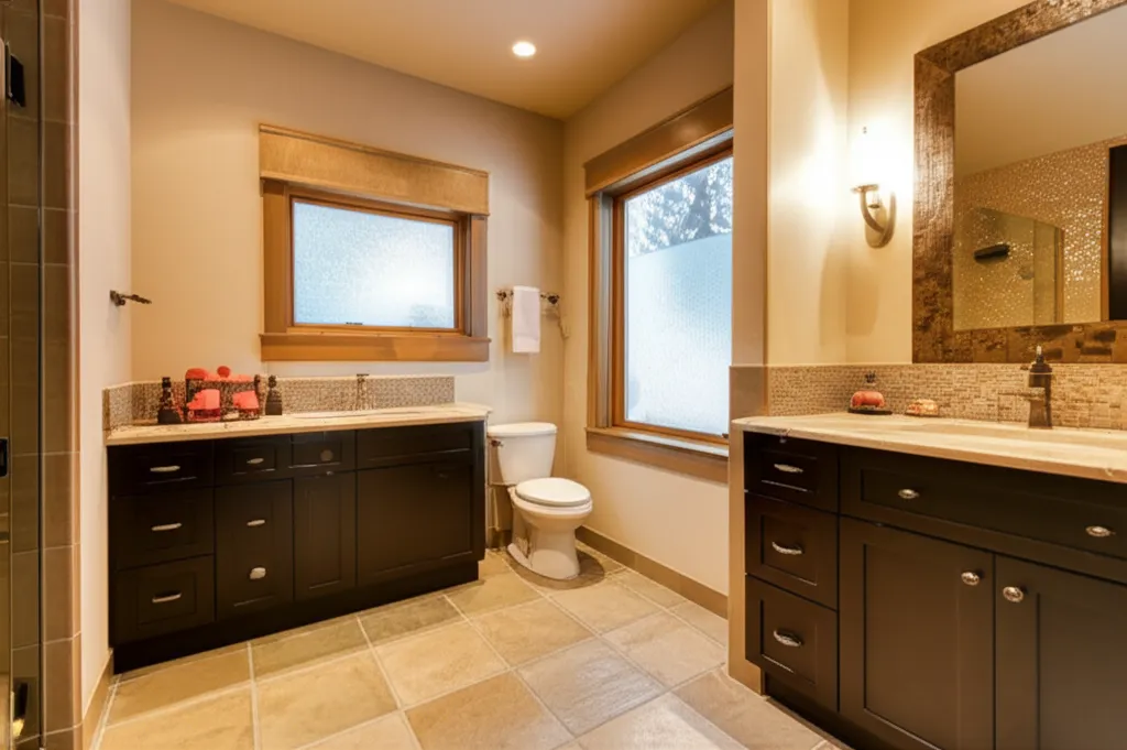 Warm-toned bathroom with beige stone-look floor tile, two espresso vanities with granite tops, and frosted windows with snow outside