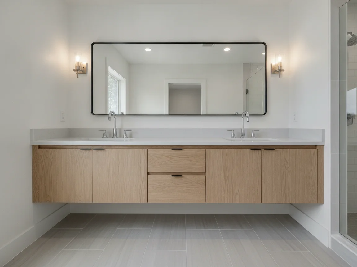 Floating light oak double vanity with a white top and chrome faucets, a large black-framed mirror, two sconces and a light gray floor