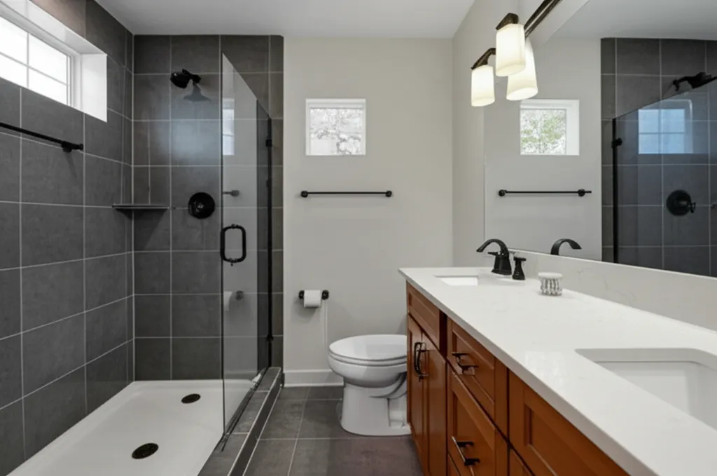 Bathroom with dark gray tile around a glass-enclosed shower on a low white base, matte black fixtures, and a cherry vanity with a white quartz top