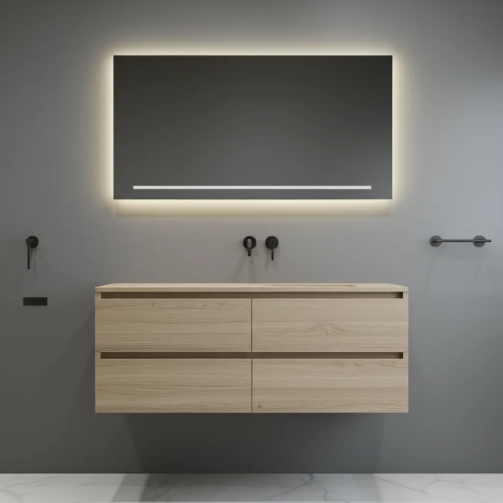 Floating light-oak two-drawer vanity beneath a backlit rectangular mirror, with a wall-mounted matte black faucet and towel bar on a gray wall