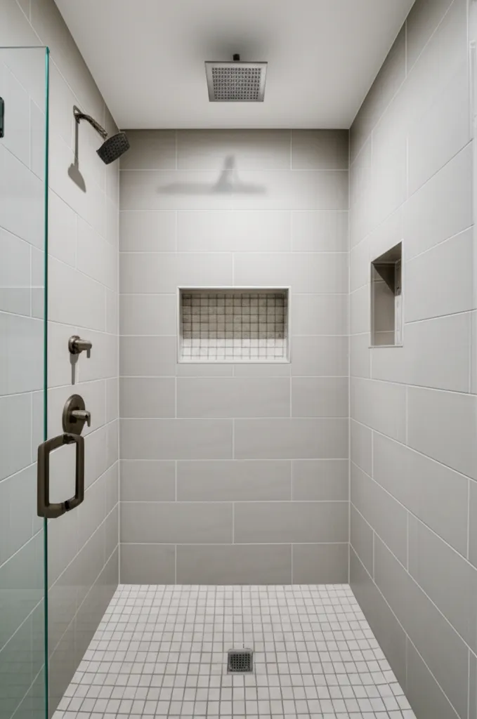 Updated Antelope shower with large-format porcelain tile, recessed niche and frameless glass door