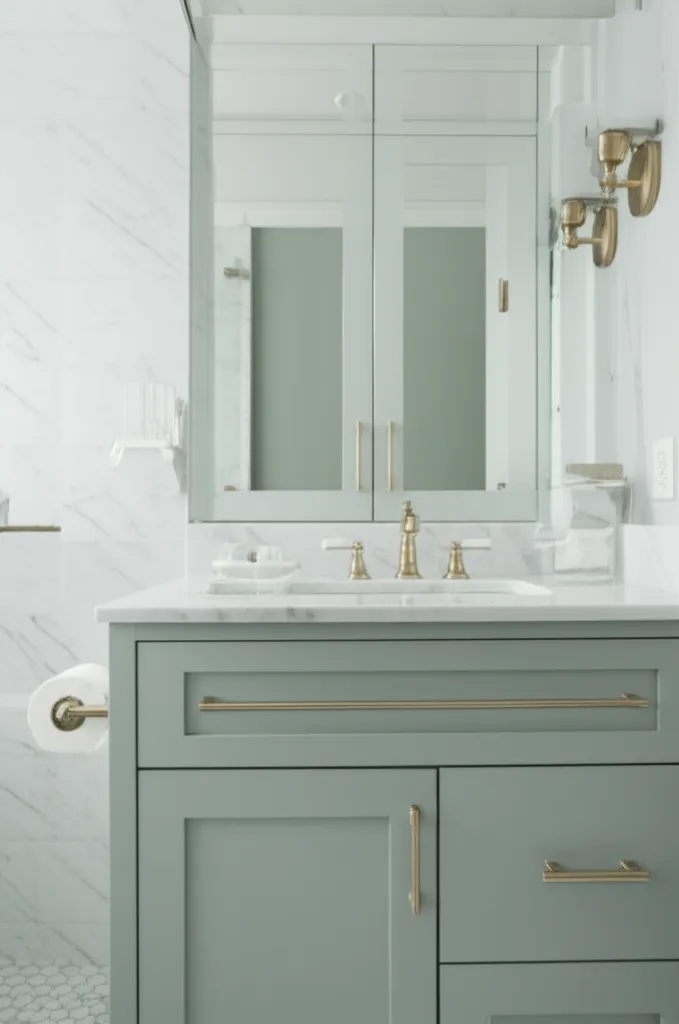 Sage-green shaker vanity with brass pulls and a marble top beneath a mirrored cabinet, with brass sconces and white marble-look wall tile