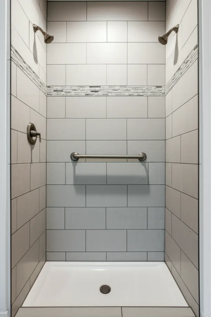 Tiled shower built on a white base where a tub once stood, with gray wall tile, a mosaic accent band, two shower heads and a horizontal grab bar
