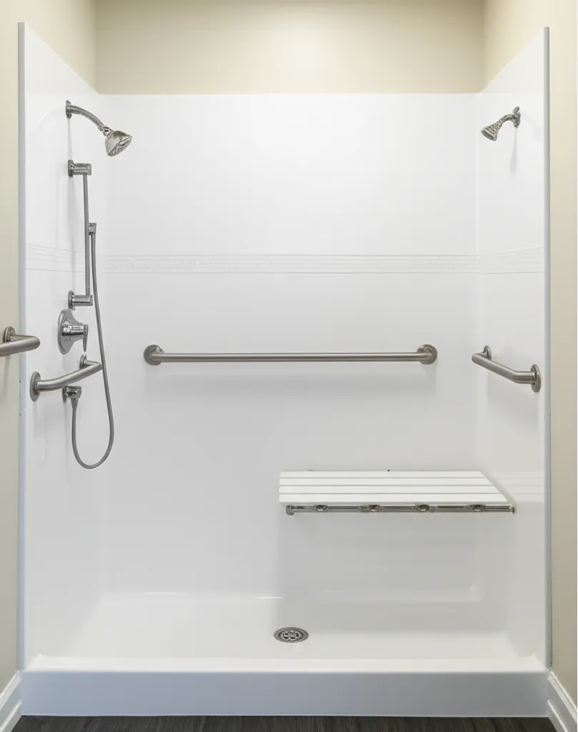 White low-entry accessible shower with three grab bars, a fold-down seat and a handheld shower on a slide bar