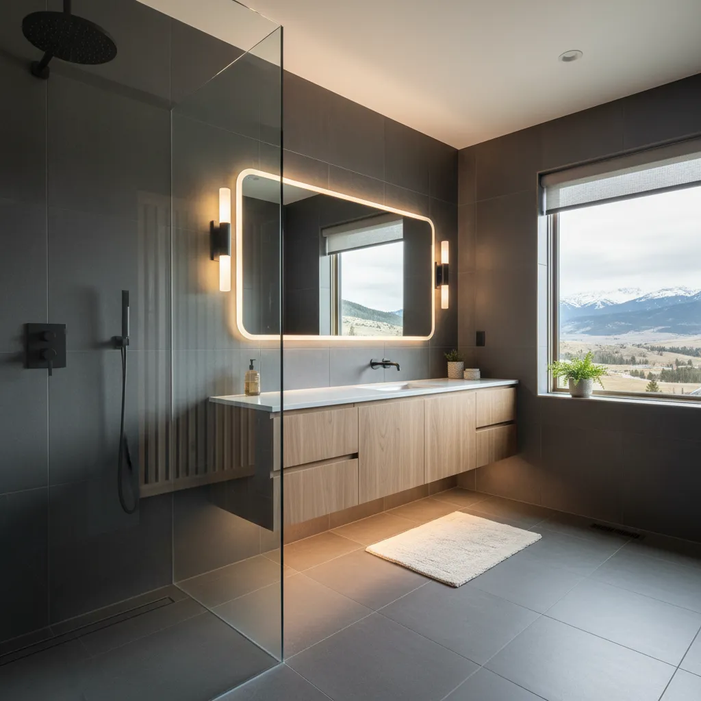 Modern bathroom with charcoal walls, a walk-in shower behind a single glass panel with a linear drain, a floating light-wood vanity, a backlit mirror and a window onto open country