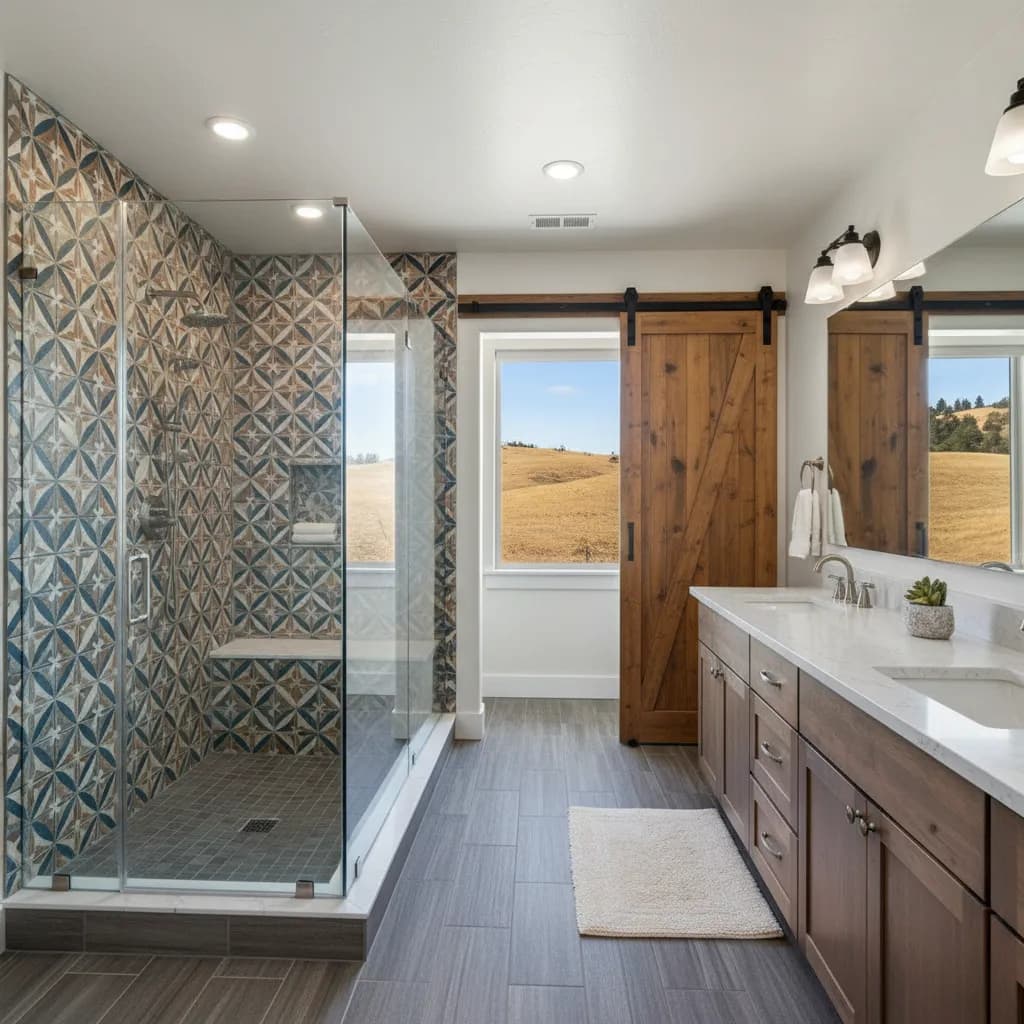 Glass-enclosed shower with blue and white geometric patterned tile and a built-in bench, a wood double vanity with a white top, and a sliding barn door beside a window onto golden hills