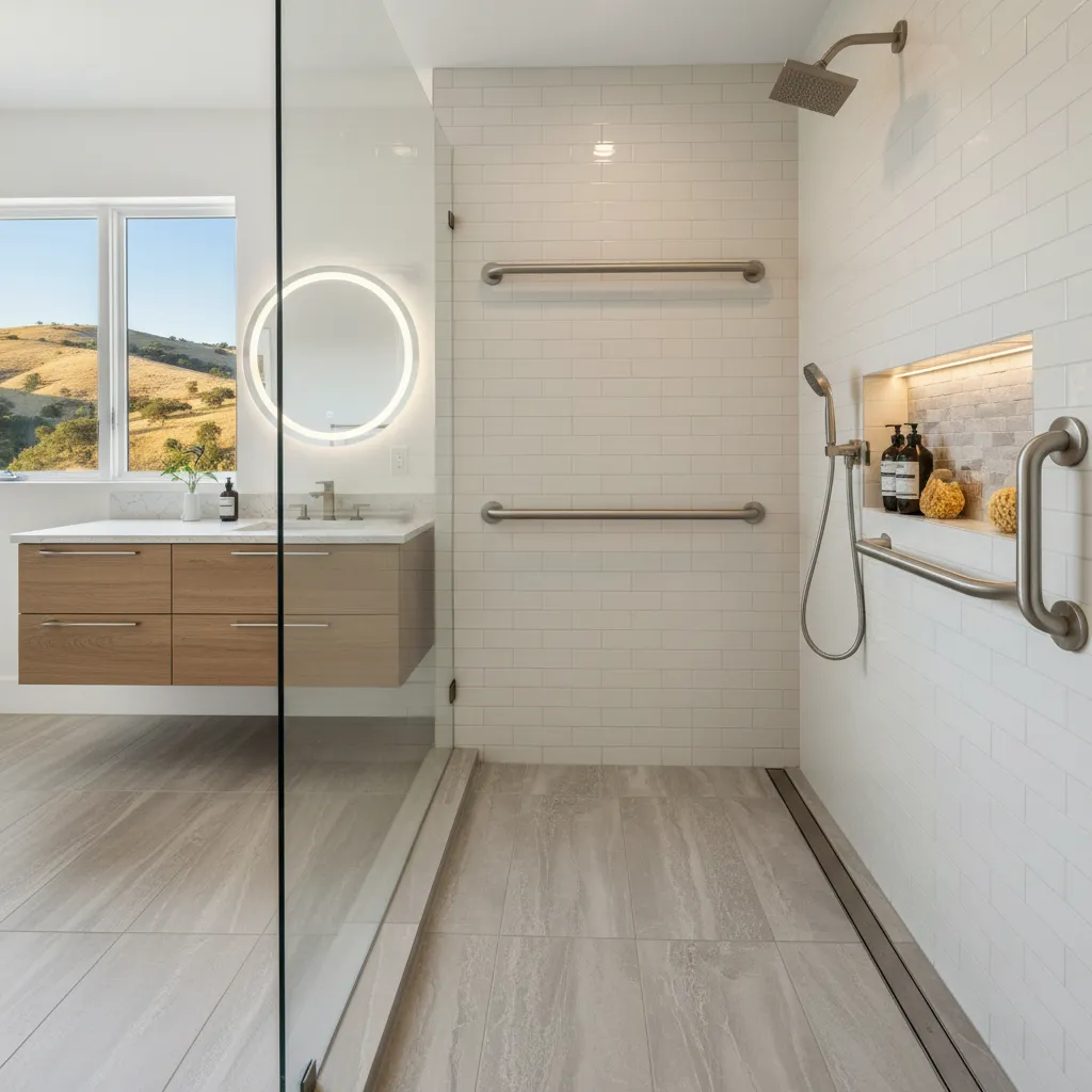 Curbless walk-in shower with white tile, two horizontal grab bars and a vertical grab bar, a handheld shower, a lighted niche and a linear drain, beside a floating wood vanity and a window onto golden hills