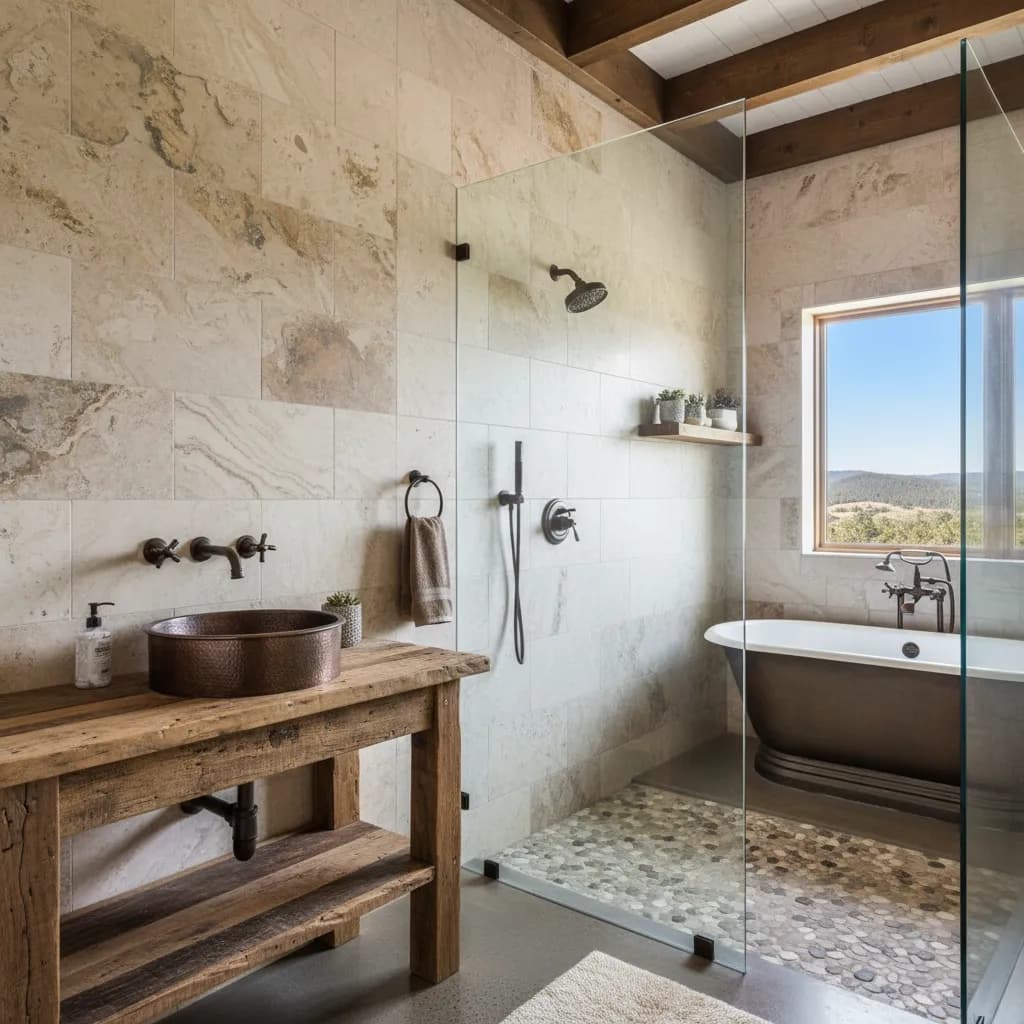 Rustic bathroom with travertine-look walls, a reclaimed wood vanity with a hammered copper vessel sink and wall-mounted bronze faucet, a glass shower with a pebble floor, a dark clawfoot tub and a window onto open hills