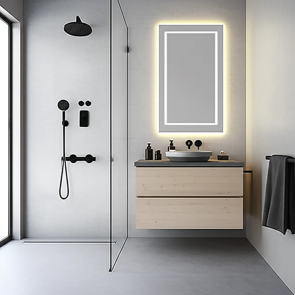 Curbless shower behind a single glass panel with a linear drain and matte black rain head and handheld, next to a floating light-wood vanity with a vessel sink and a backlit mirror