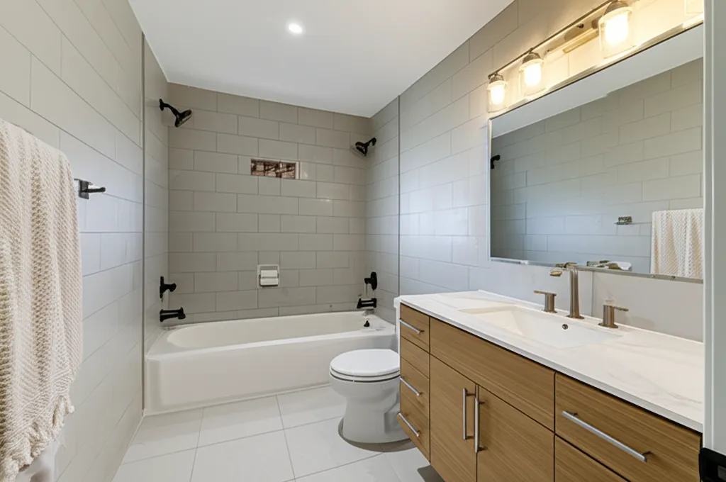 Bathroom with large gray wall tile around a tub-shower with a small niche and dark bronze fixtures, and a wood vanity with a white top under a bar light