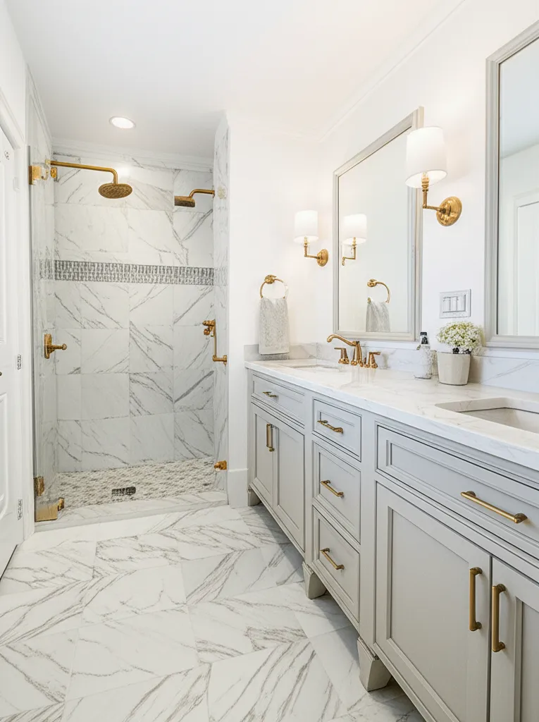 Walk-in shower lined with marble-look porcelain, brushed brass rain head and fixtures and a mosaic accent band, beside a gray shaker double vanity with brass sconces