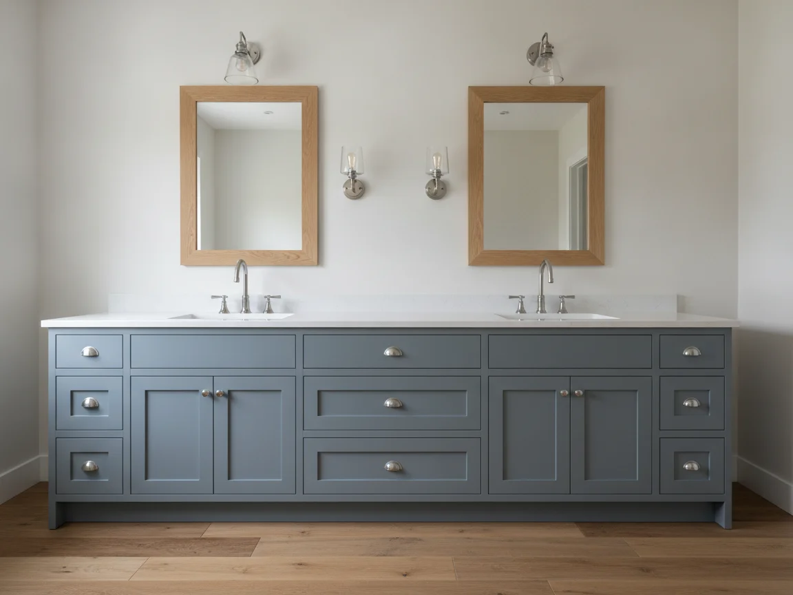 Blue-gray double vanity with a white top and chrome faucets, two wood-framed mirrors, glass wall sconces and a wide-plank oak floor