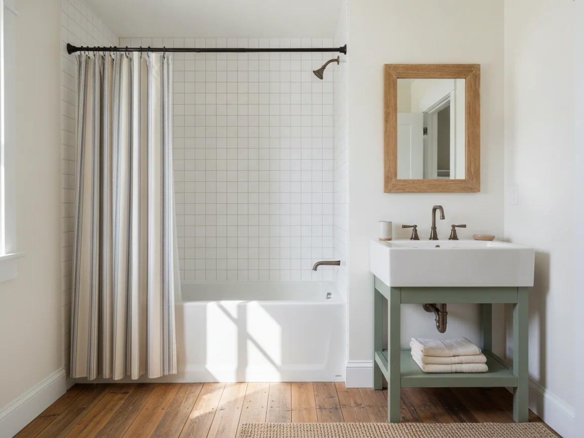 Farmhouse guest bath with a tub and shower in white square tile behind a striped curtain, a sage green washstand holding a white sink and bronze faucet, a wood-framed mirror and a wide plank floor